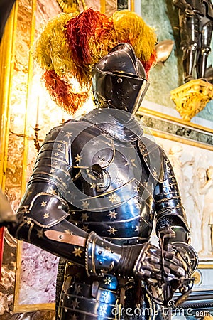 Medieval knights on horses in the Royal Armoury of Turin Editorial Stock Photo